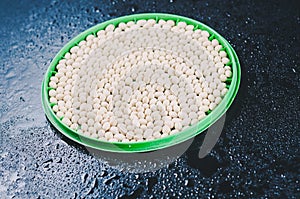 Small white beans of the Nevi variety on a round green plate on a black wet background photo