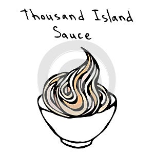 Small White Bowl of Light Pink Thousand Island Sauce. Subway Sauce 1000 Islads for Fast Food. Realistic Hand Drawn Illustration. S