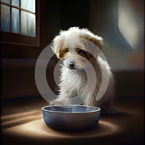 Small White and Brown Dog Sitting Next to a Bowl. Generative AI