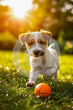 Small white and brown puppy playing with orange ball in field of grass. Generative AI