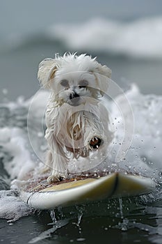 A small white Canidae riding a surfboard on liquid water in the ocean