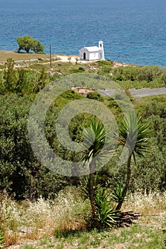 Small white church on the Aegean coast