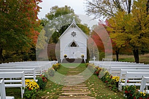 A small white church surrounded by colorful flowers in the foreground, Quaint wedding scene at a country church, AI Generated