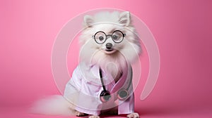 A small white dog in a doctor& x27;s coat, glasses and a stethoscope on a pink background. Pet care and grooming concept.