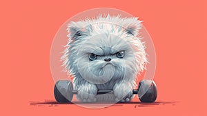 A small white dog with a frown holding onto two dumbbells, AI