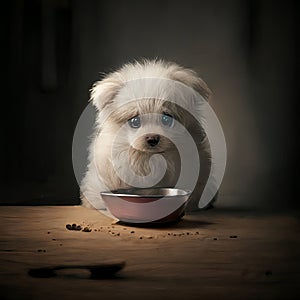Small White Dog Sitting in Front of Bowl. Generative AI