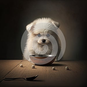 Small White Dog Sitting in Front of a Bowl. Generative AI