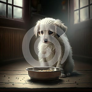 Small White Dog Sitting Next to a Bowl of Food. Generative AI