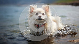 Small White Dog Standing in Body of Water. Generative AI.