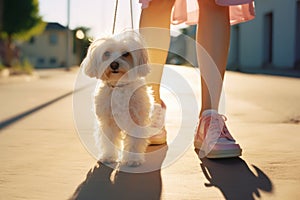 Small white dog walking along street with girl owner in pink shoes and dress