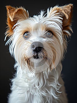 A small white dog wrapped in a blanket