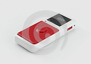 Compact electronic device with red button isolated on white background
