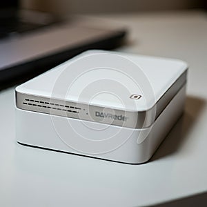 A small, white electronic device with a square shape and rounded edges, possibly a