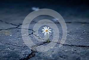 Small white flower is peeking through the cracks in concrete pavement.