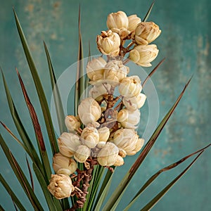 Small white flowers and long green leaves on a dark background. Flowering flowers, a symbol of spring, new life