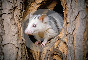 Small White and Gray Opossum Curiously Exploring a Tree Hollow in High Definition photo