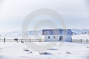 Small white house in a snow