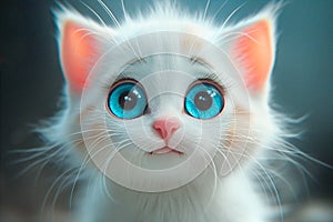 A small white kitten with big blue eyes looks surprised close-up. Emotions of shock, surprise and fright.