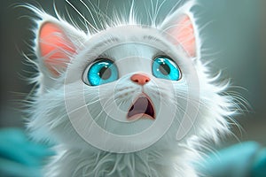 A small white kitten with big blue eyes looks surprised close-up. Emotions of wow, shock, surprise and fright.