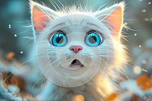 A small white kitten with big blue eyes looks surprised close-up. Emotions of wow, shock, surprise and fright.