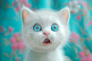 A small white kitten with big blue eyes looks surprised close-up. Emotions of wow, shock, surprise and fright.