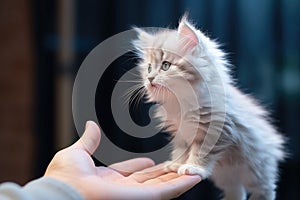 A Small White Kitten Sitting On Top Of A Persons Hand