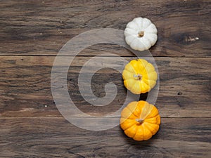 Small white, medium yellow, and big orange pumpkins put vertically on dark wooden background