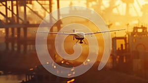 A small white military UAV flies over the city against the sunset background. The drone flies low above the ground and takes