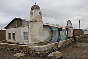 Small white mosque at Karakul Lake village, Tajikistan