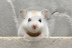 A small white mouse is sitting on a ledge, AI