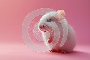 A small white mouse is sitting on a pink background. Generative AI