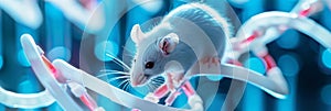 A small white mouse is on a strand of DNA by AI generated image