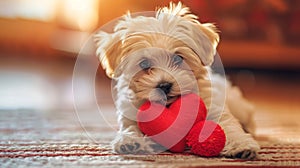 A small white puppy holding a red heart toy. Generative AI photo