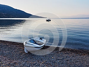 Small White Row Boat, Gulf of Corinth Bay, Greece