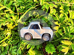 A small white toy car on the background of a natural landscape. The concept of travel and adventure by car. Freedom of