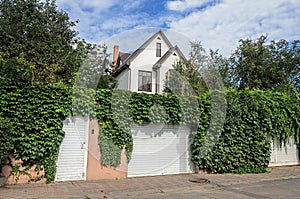 Small white two-storied residential house, fence with hops