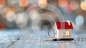 Small White Wooden House Model With Keys on Rustic Table Against Blurred Background