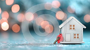 Small White Wooden House Model With Keys on Rustic Table Against Blurred Background