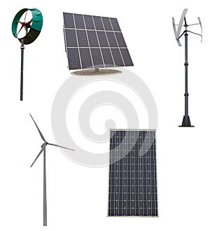 Small wind turbines and solar panel. Isolated on white background