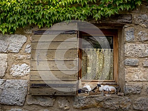 Small window of an old stone house in Provence