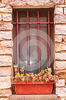 small window withpainted, red, security bars and rusted,metal, planter filled with flowers