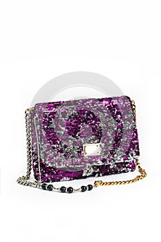 Small women\'s handbag, decorated with rhinestones, frontal arrangement