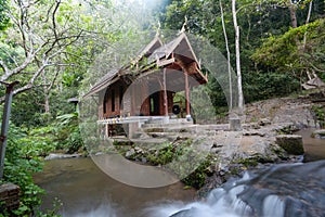 Small wood church at kantrapruksa temple in Mae Kampong ,Chiang Mai, Thail