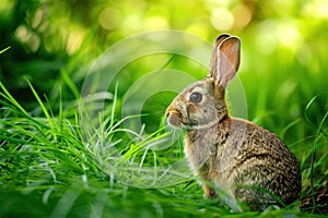 A small Wood Rabbit is sitting in the grass, gazing at the camera