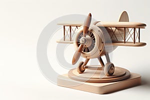 A small wooden airplane on a stand. Space for text.