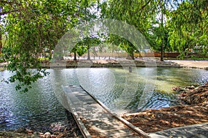 A small wooden bridge over the lake surrounded by lush green trees and deep green water at Lake Evans