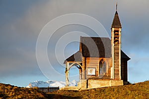 Small wooden church or chapel on the mountain