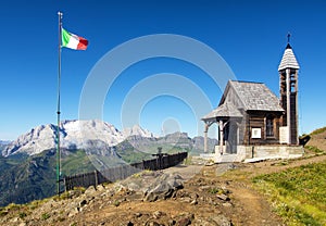 wooden church Mount Marmolada Alps Dolomites mountains