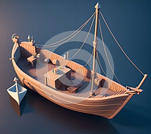 Small wooden fisherboat, 3d isometric reference model, AI generated photo