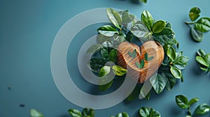 A small wooden heart and green plants on a blue background